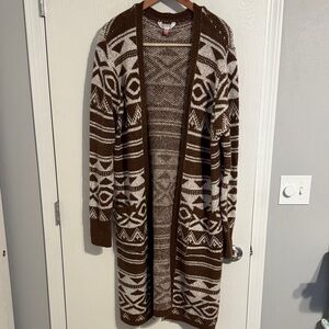 No Boundaries Brown and White Geometric Cardigan